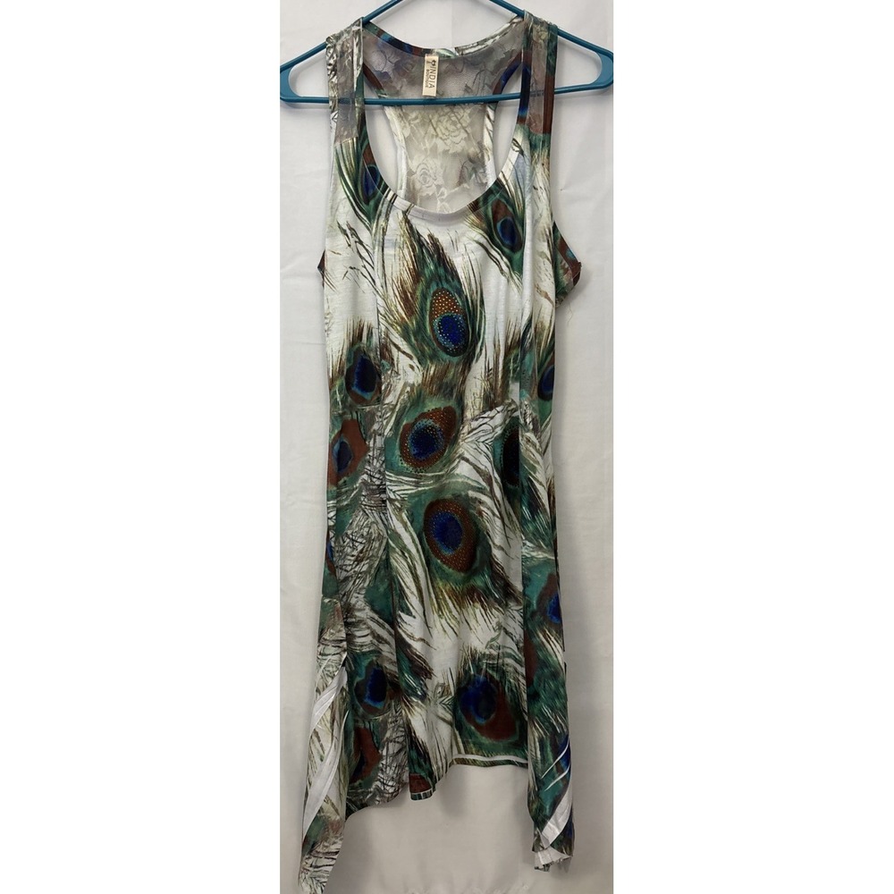 Peacock Sleeveless Midi Dress Lace Upper Back Green&White Sz OS Boho Hobo Vacay